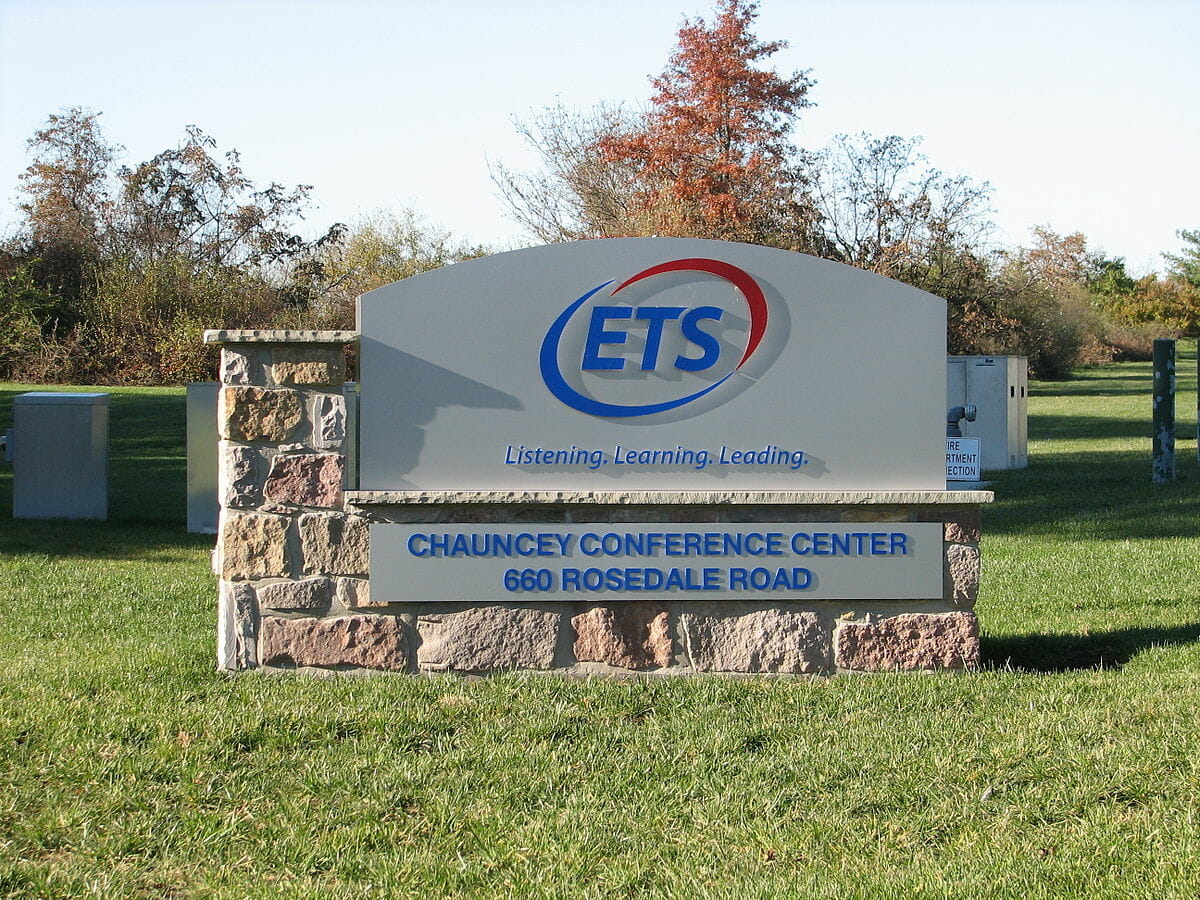 The welcome sign at ETS' headquarters in Princeton, NJ.