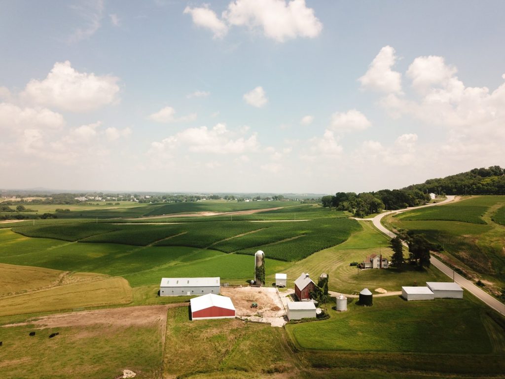 an overhead shot of a rural farm