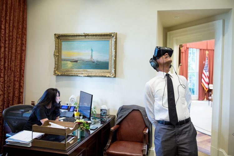 Former President Barack Obama takes a trip through Yosemite National Park from the White House via VR in 2016. Pete Souza.