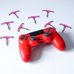 A red ps4 controller is surrounded by Fortnite images.