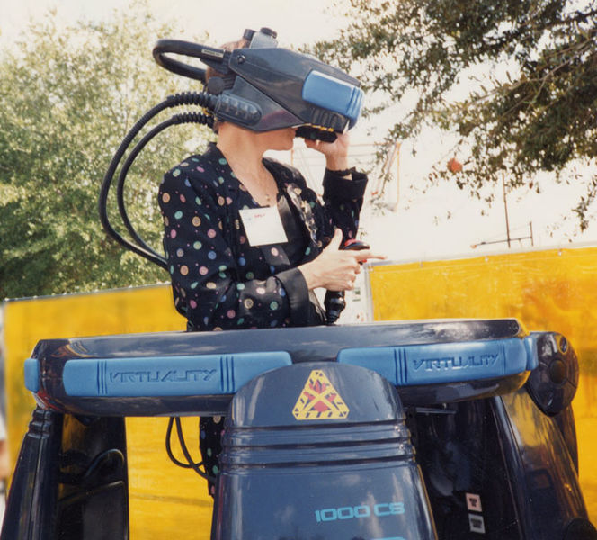 Scientist and artist Jacki Morie tests out the Virtuality system in 1992.