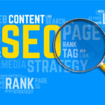 SEO in big yellow letters under a magnifying glass.