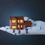 Robotic hand holding a red brick house on dark blue background. Illustration of the concept of artificial intelligence in investing and managing real estate